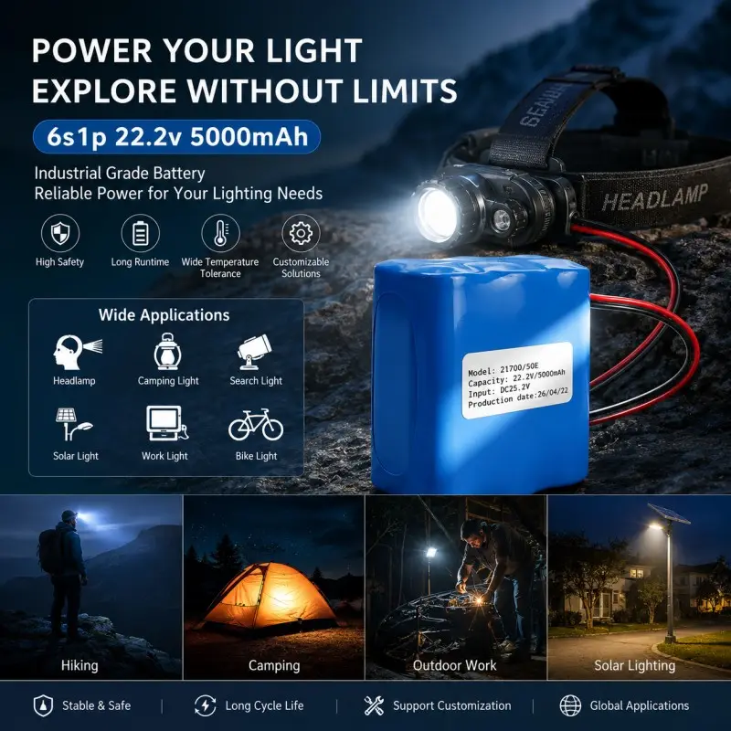 맞춤형 6S 22.2V 5000mAh 배터리 솔루션, 야외 헤드램프 용도