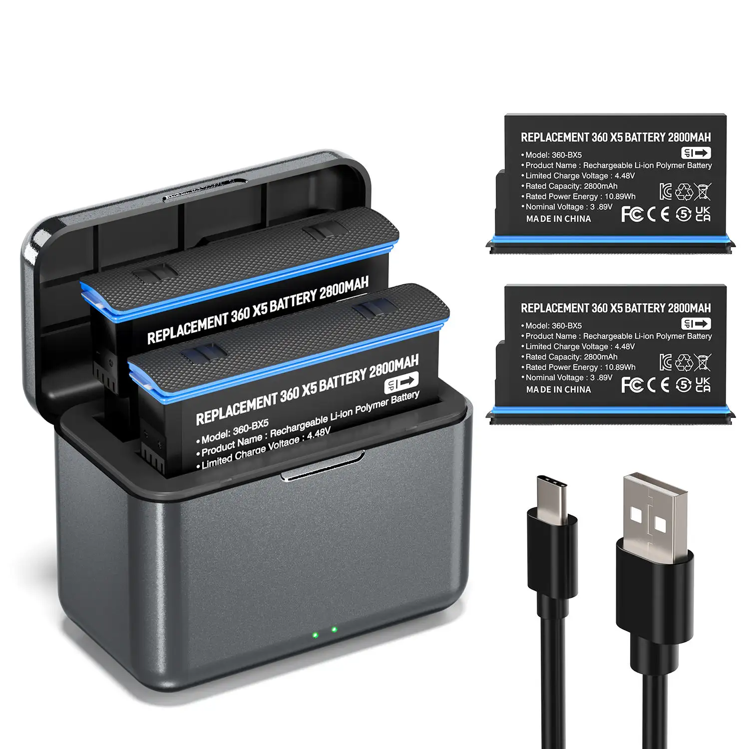 2400mAh 교체용 배터리와 듀얼 슬롯 충전기가 장착되었으며, Insta360 X5 카메라와 호환됩니다.