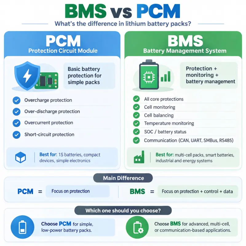 BMS vs PCM comparison for lithium battery packs, showing protection functions, cell monitoring, balancing, temperature control, communication, and typical applications.