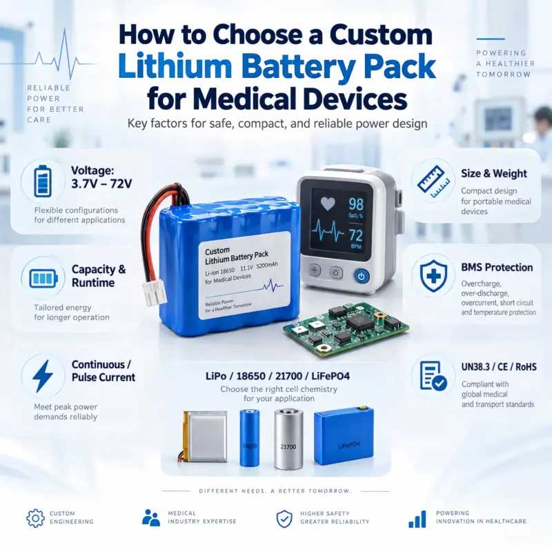 Custom lithium battery pack for medical devices with LiPo, 18650, 21700, LiFePO4, BMS protection and 3.7V–72V battery solutions