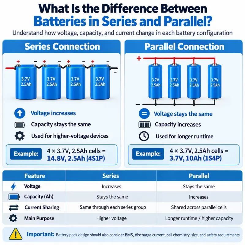 Batteries in series and parallel comparison infographic showing differences in voltage, capacity, current sharing, and 4S1P vs 1S4P lithium battery configurations.